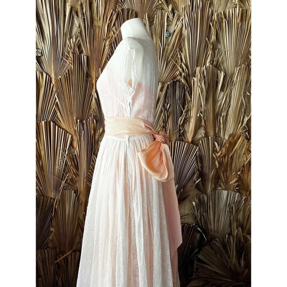 Vintage 1940s Gown Pink and White Organdy Lace Dress Bow Coquette‎ Wedding - Picture 12 of 16